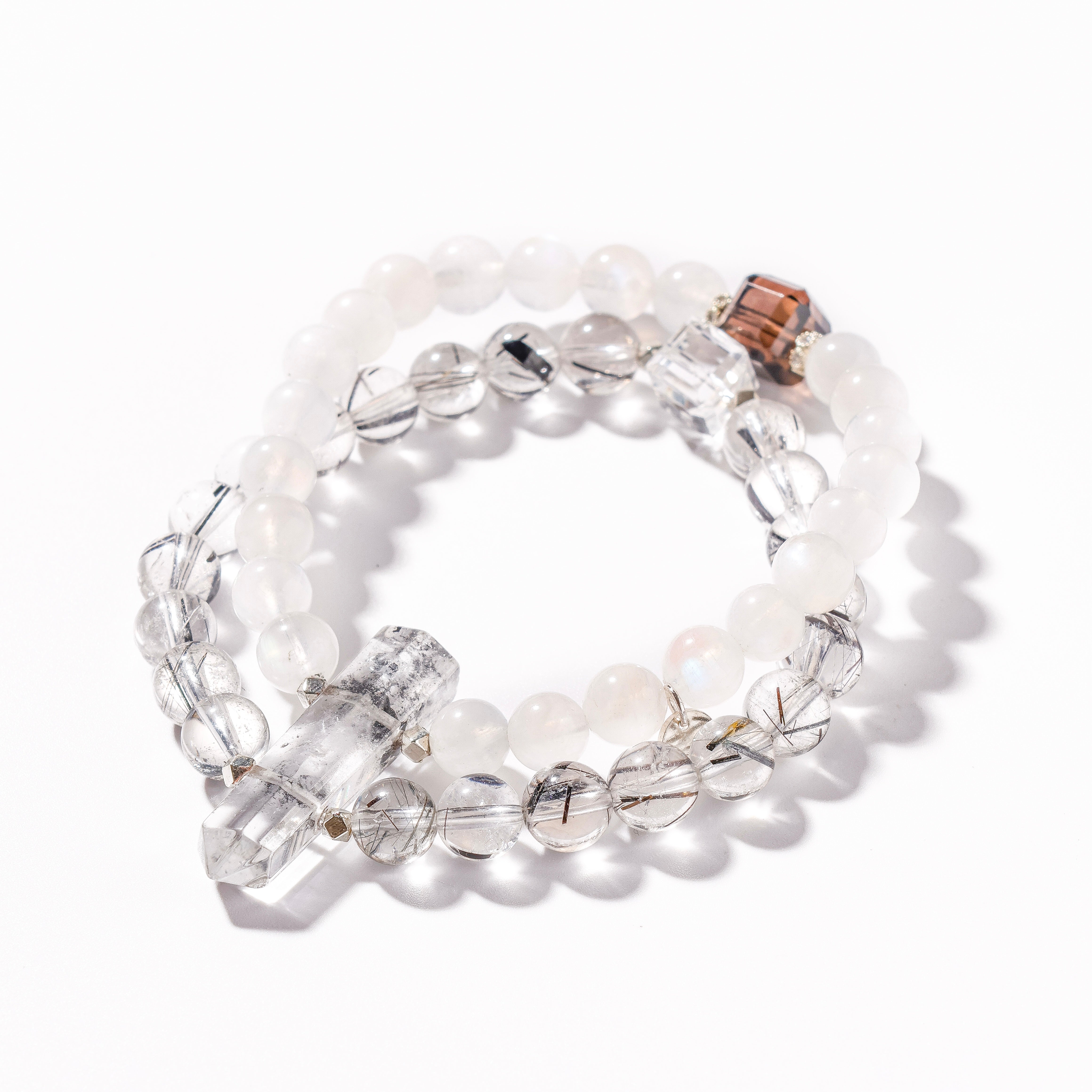 Pulsera de cuarzo rutilado negro y diamante Herkimer | Escudo Lunar - para protección y purificación - Pieza única
