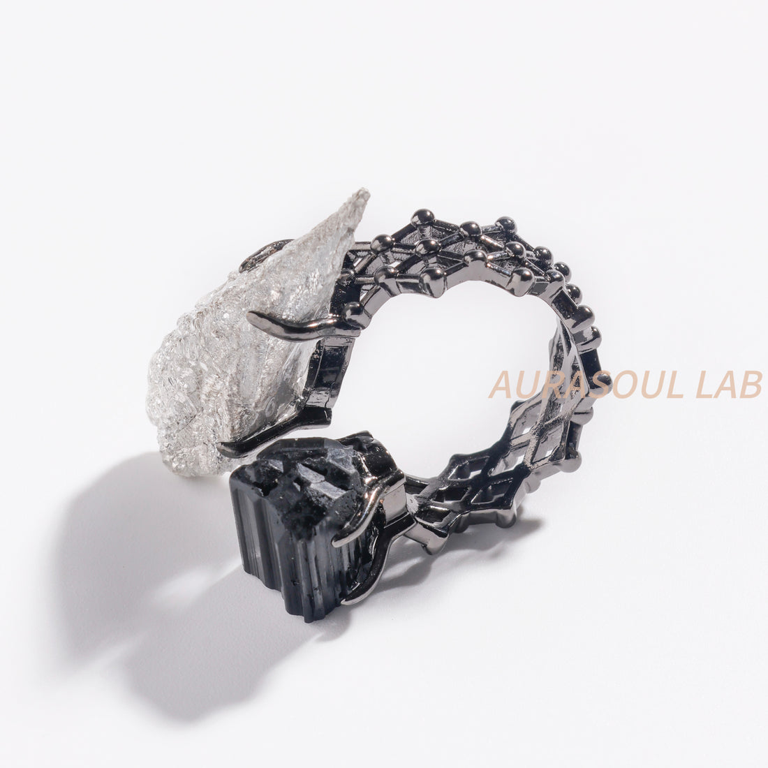 Black Tourmaline & Magnesium Crystal Ring | Night Frost - for Protection