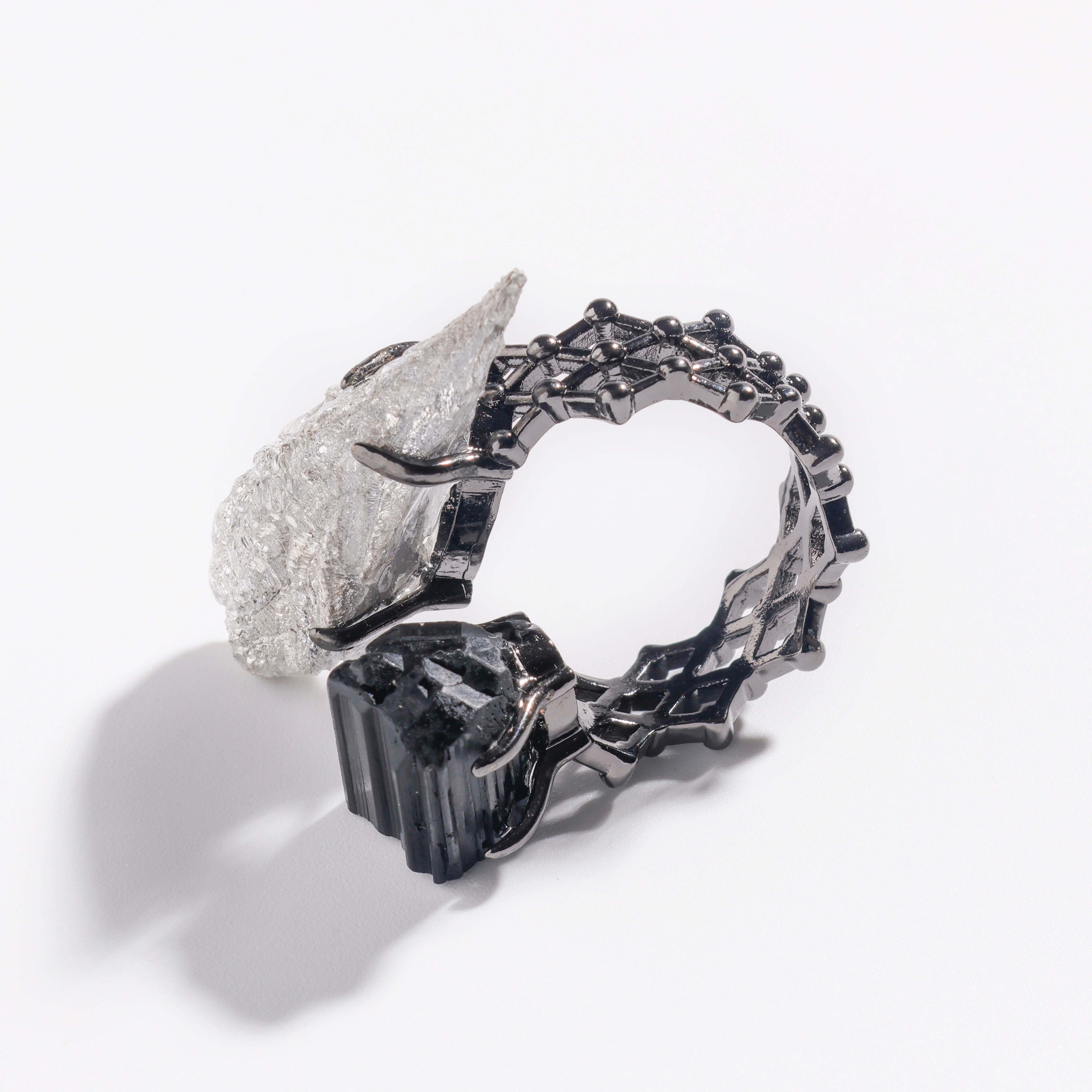 Black Tourmaline & Magnesium Crystal Ring | Night Frost - for Protection