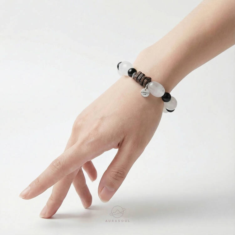 White Phantom Quartz & Oud Wood Bracelet | Soothing Grove - Zen Collection for Clarity & Intuition