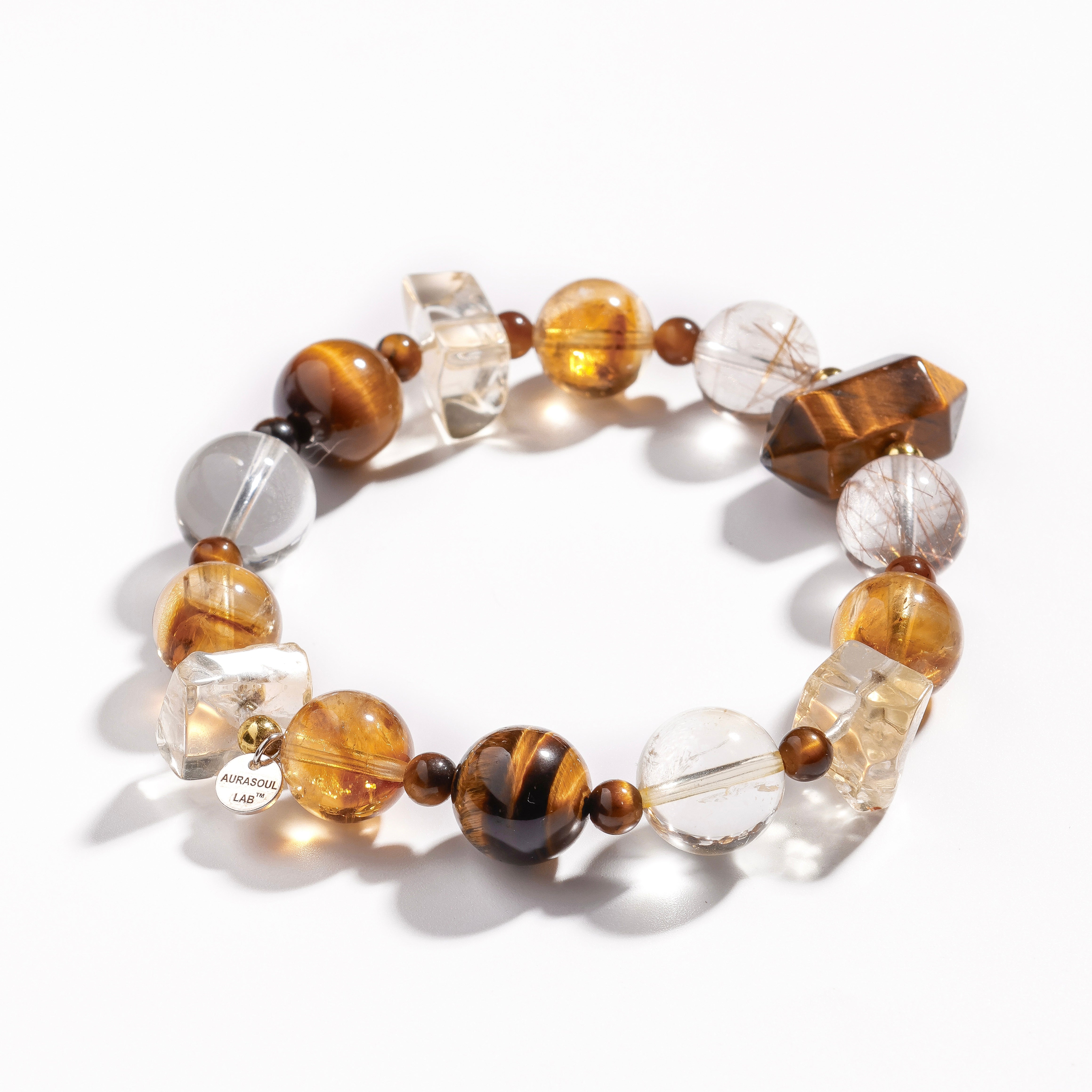 Pulsera de citrino brasileño, ojo de tigre y cuarzo rutilado dorado | Manifestador dorado - para la abundancia y el coraje - Pieza única