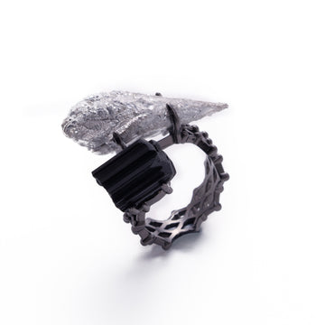 Black Tourmaline & Magnesium Crystal Ring | Night Frost - for Protection