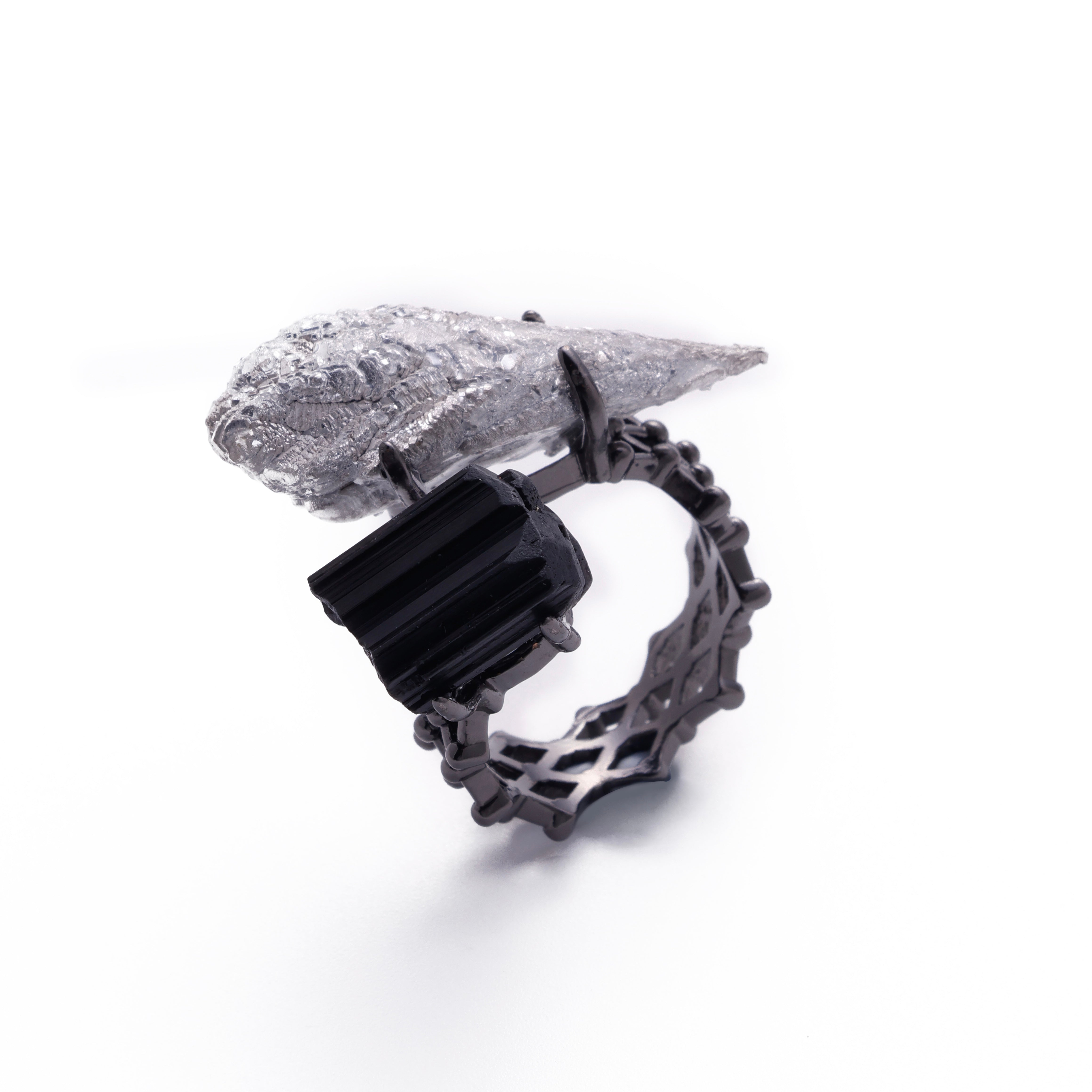 Black Tourmaline & Magnesium Crystal Ring | Night Frost - for Protection