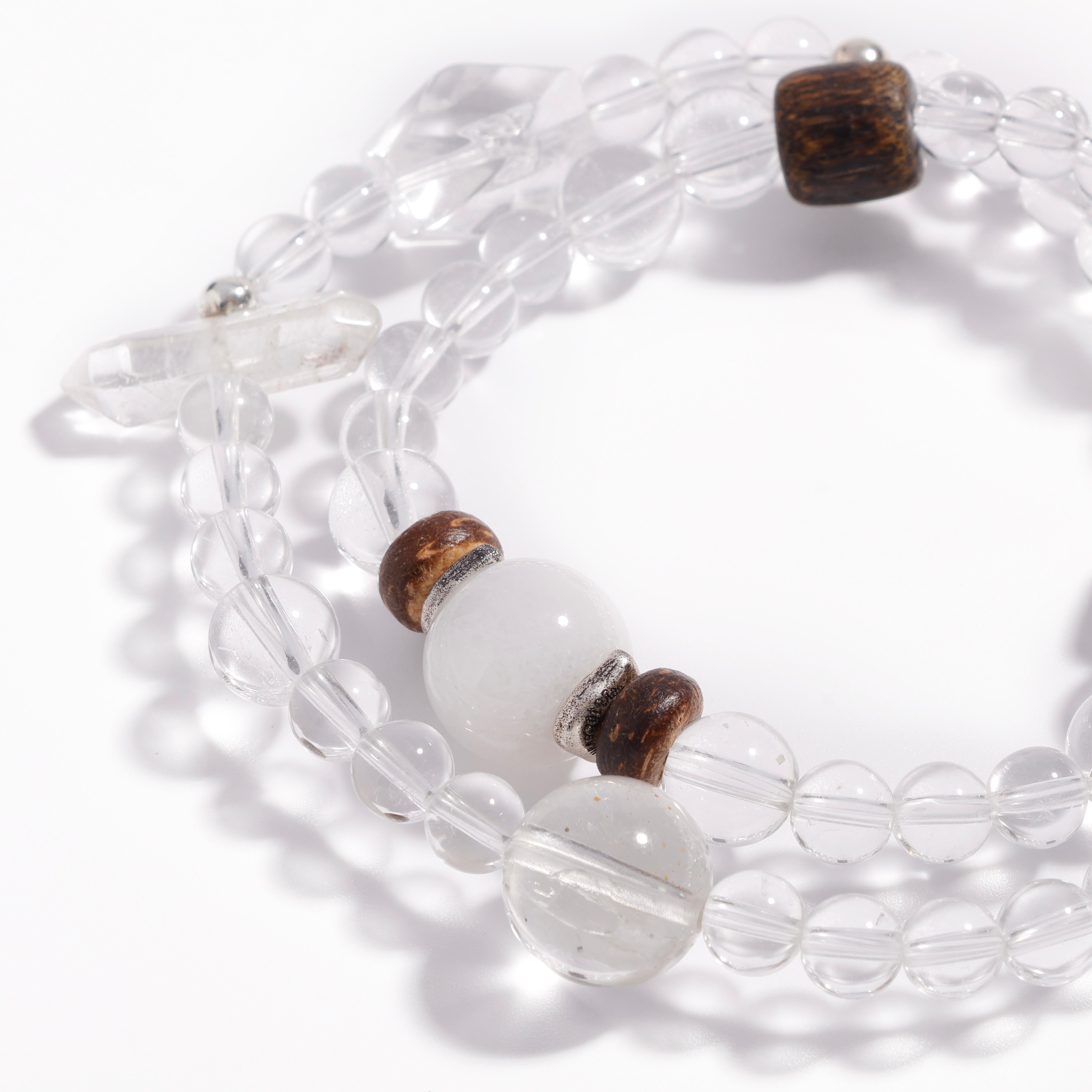 Pulsera doble de cuarzo transparente y sándalo | Respiración conectada a tierra - Colección Zen para la claridad y la intuición