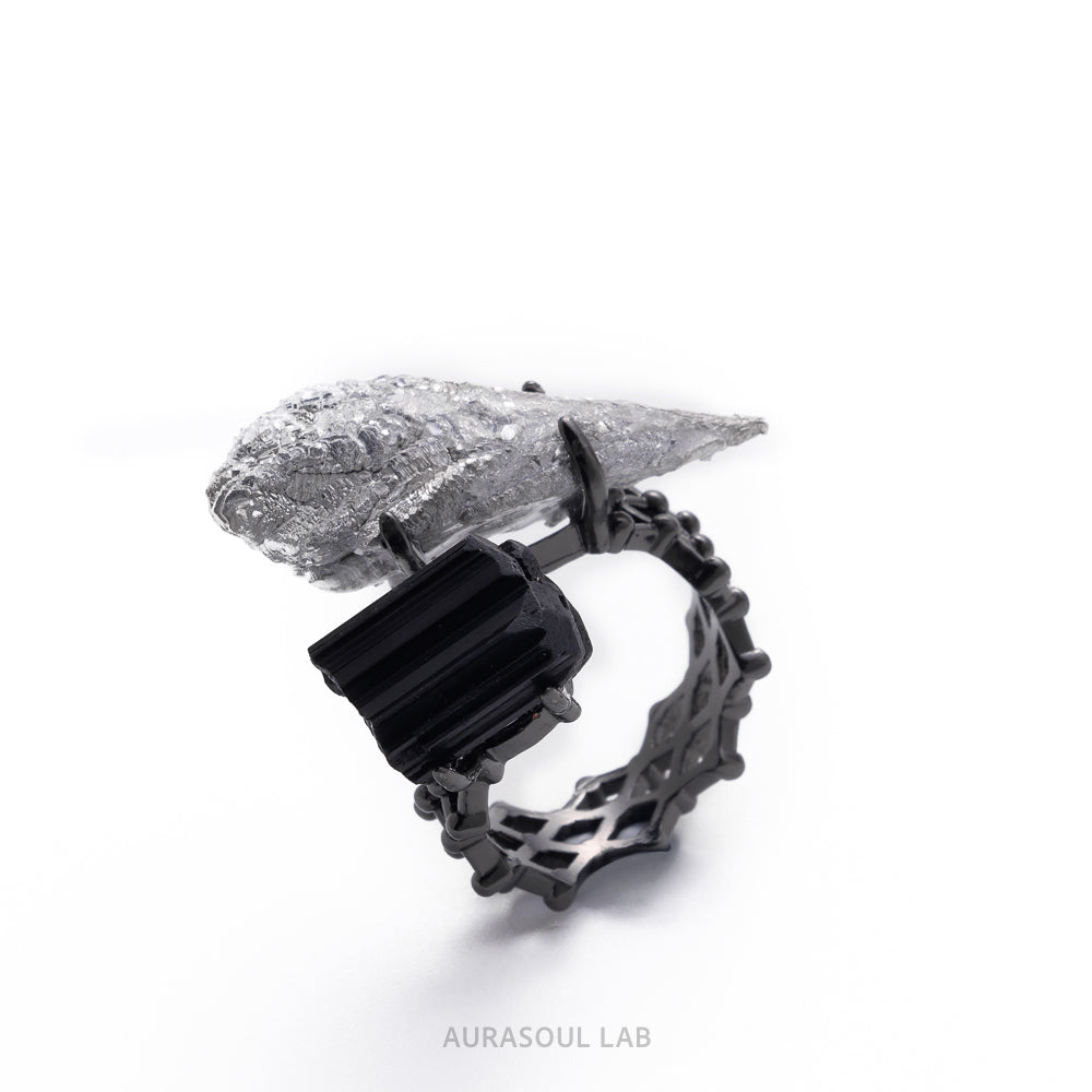 Black Tourmaline & Magnesium Crystal Ring | Night Frost - for Protection