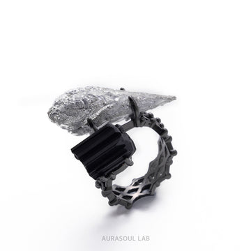 Black Tourmaline & Magnesium Crystal Ring | Night Frost - for Protection