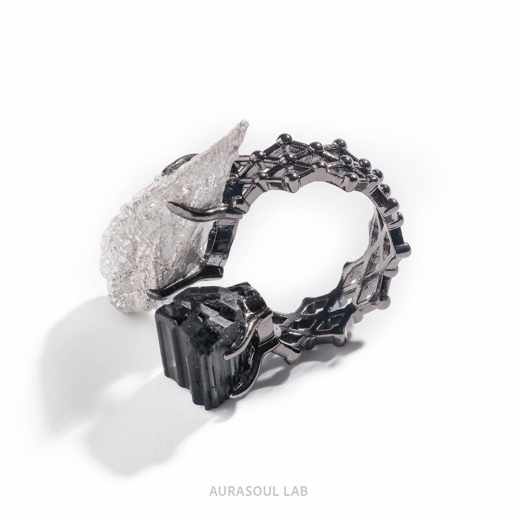 Black Tourmaline & Magnesium Crystal Ring | Night Frost - for Protection