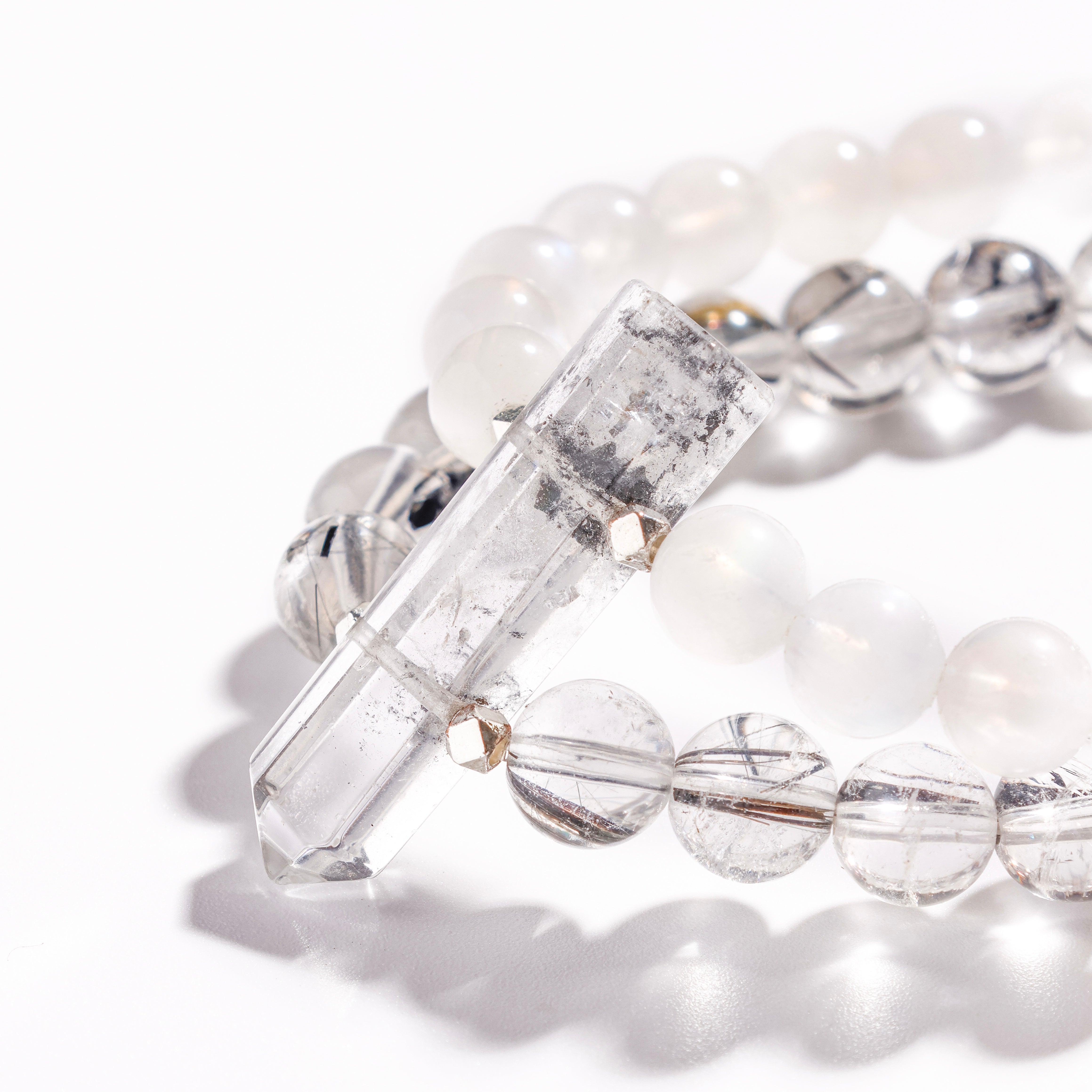 Pulsera de cuarzo rutilado negro y diamante Herkimer | Escudo Lunar - para protección y purificación - Pieza única