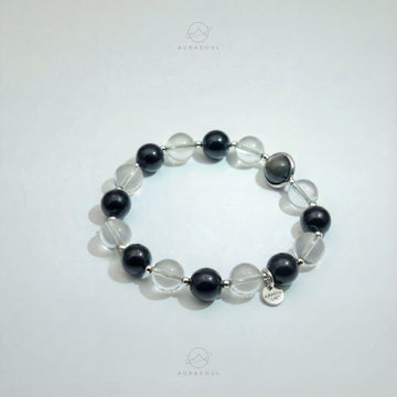 Silver Sheen Obsidian & Clear Quartz Bracelet | Silver Sheen Equilibrium - Yin & Yang Collection for Protection & Balance