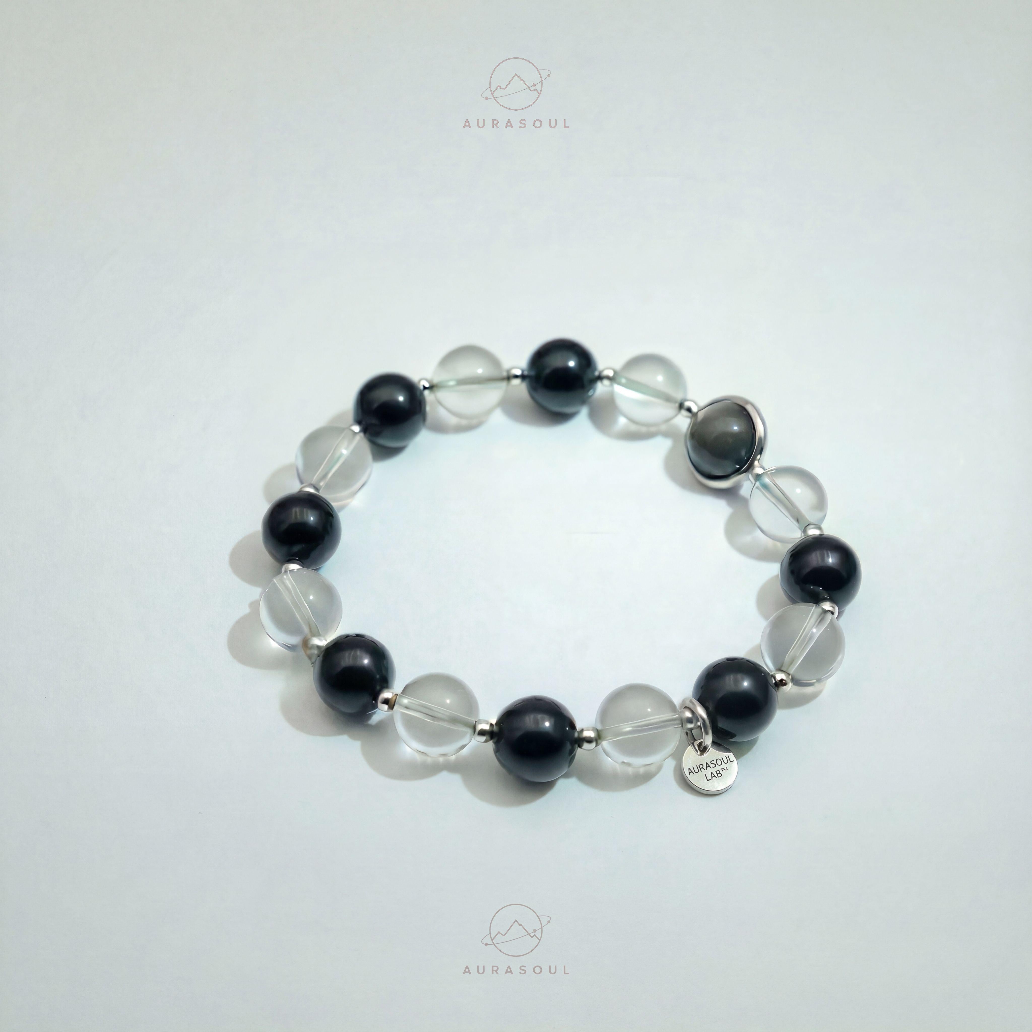 Silver Sheen Obsidian & Clear Quartz Bracelet | Silver Sheen Equilibrium - Yin & Yang Collection for Protection & Balance