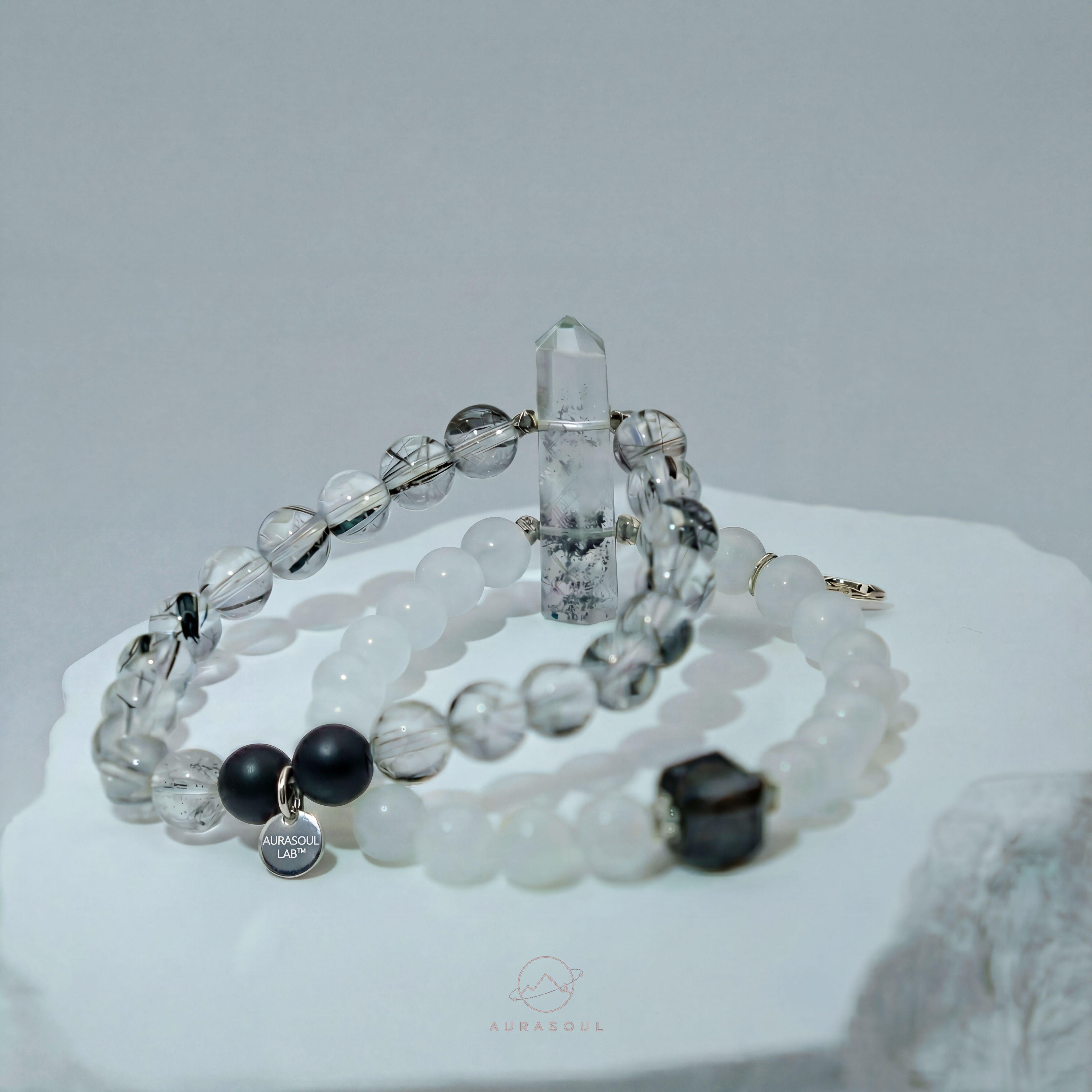 Black Rutilated Quartz & Herkimer Diamond Bracelet | Lunar Shield - for Protection & Cleansing - One of a Kind