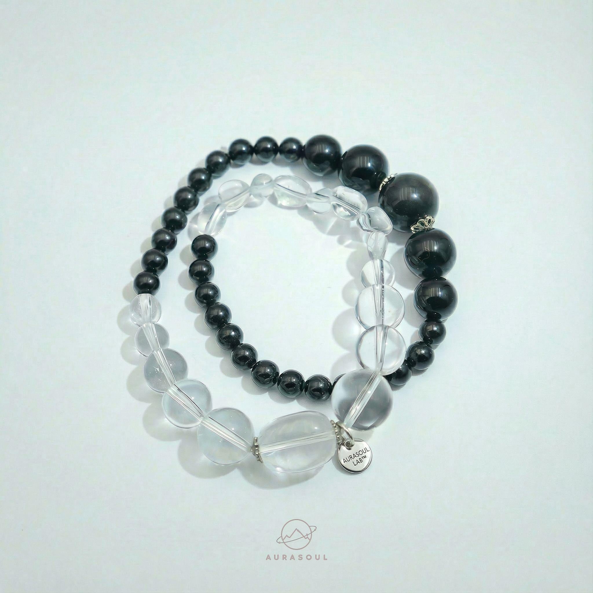 Obsidian & Clear Quartz  Double Wrap Bracelet | Dual Force - Yin & Yang Collection for Protection & Balance